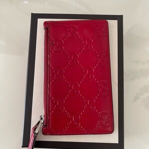 Gucci Red Guccissima Embossed compact Leather Card Holder